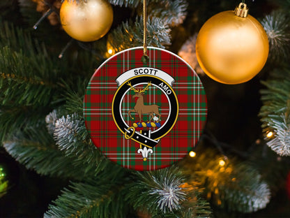 Physical Item 3" / White Scott Clan Crest Christmas Ceramic Tartan Ornaments