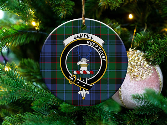 Physical Item 3" / White Sempill Clan Crest Christmas Ornaments on Tartan Background