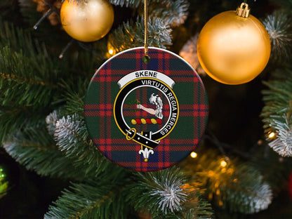 Physical Item 3" / White Skene Clan Crest Christmas Ceramic Tartan Ornaments