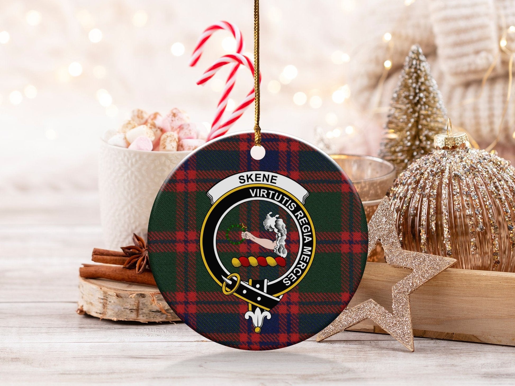 Physical Item 3" / White Skene Clan Crest Christmas Ceramic Tartan Ornaments