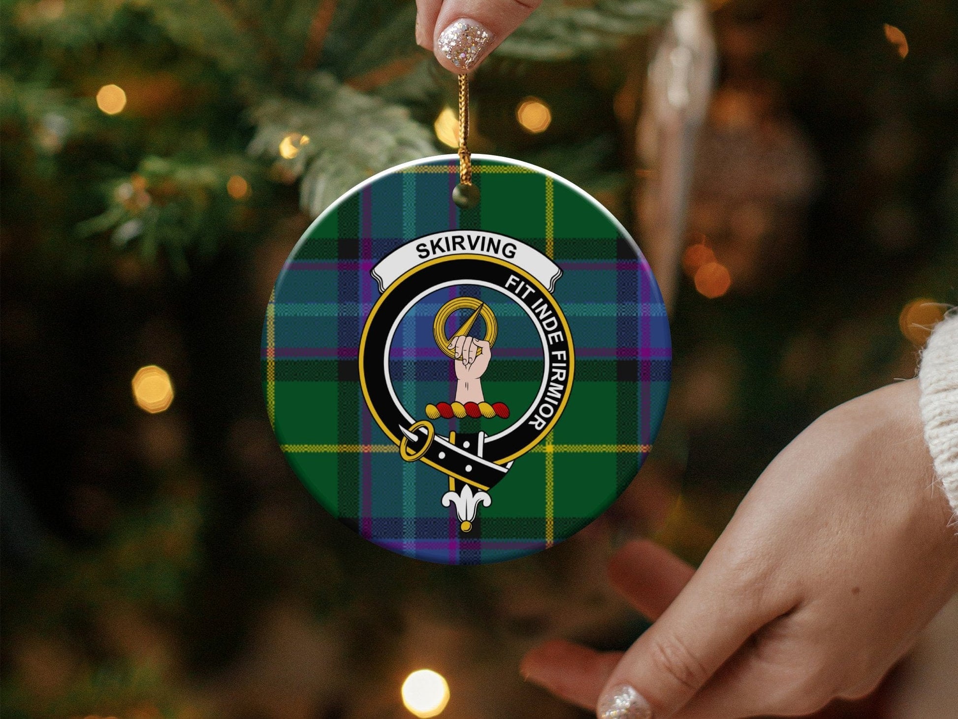 Physical Item 3" / White Skirving Scottish Clan Crest Tartan Background Ornaments