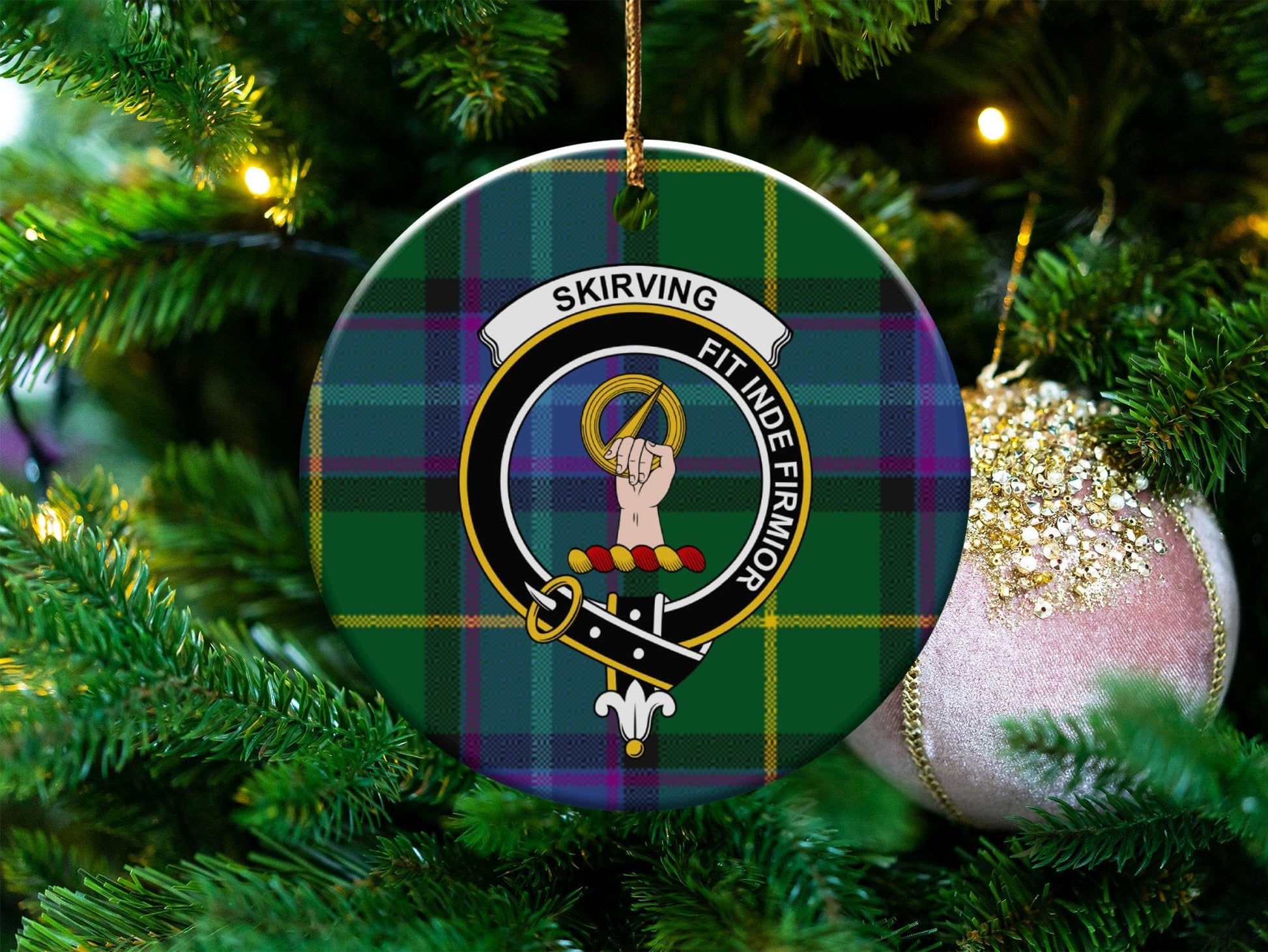 Physical Item 3" / White Skirving Scottish Clan Crest Tartan Background Ornaments