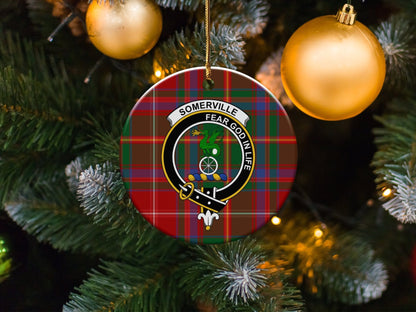 Physical Item 3" / White Somerville Clan Crest Christmas Tartan Background Ornaments