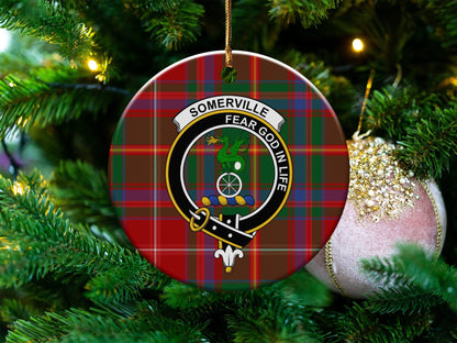 Physical Item 3" / White Somerville Clan Crest Christmas Tartan Background Ornaments