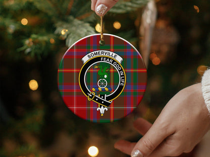 Physical Item 3" / White Somerville Clan Crest Christmas Tartan Background Ornaments