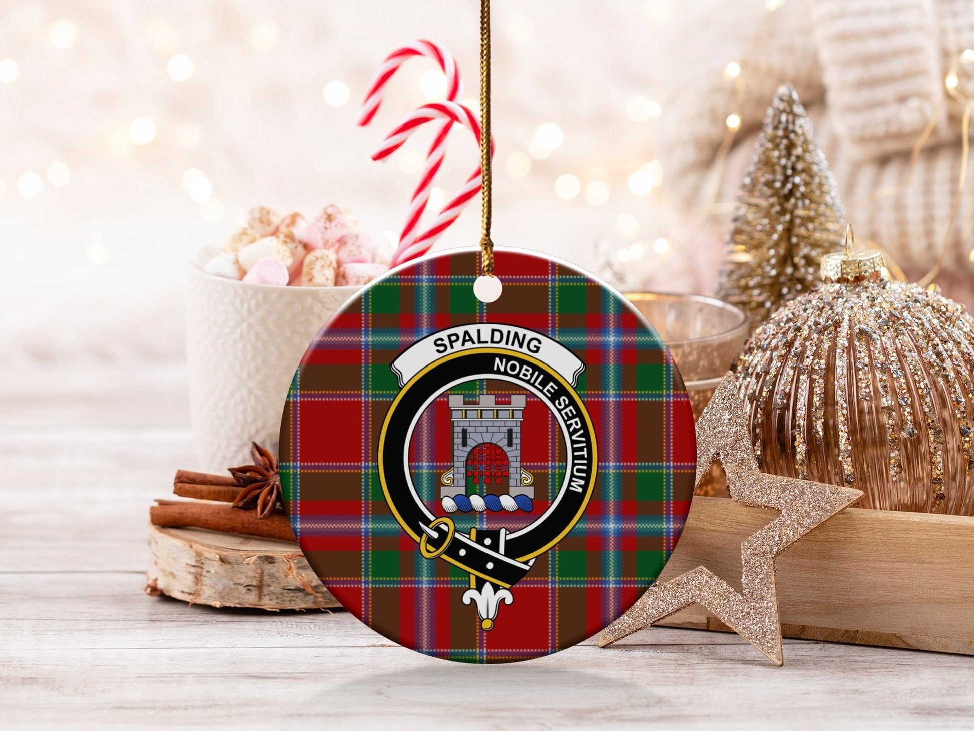 Physical Item 3" / White Spalding Clan Crest Christmas Ceramic Ornament Tartan Ornaments