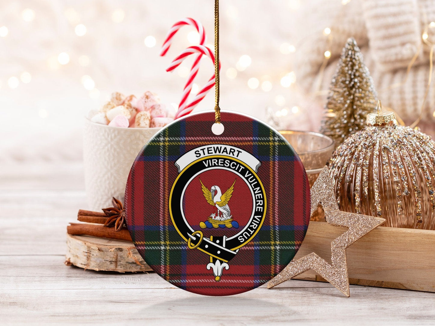 Physical Item 3" / White Stewart Crest Christmas Ornament on Tartan Background Ornaments