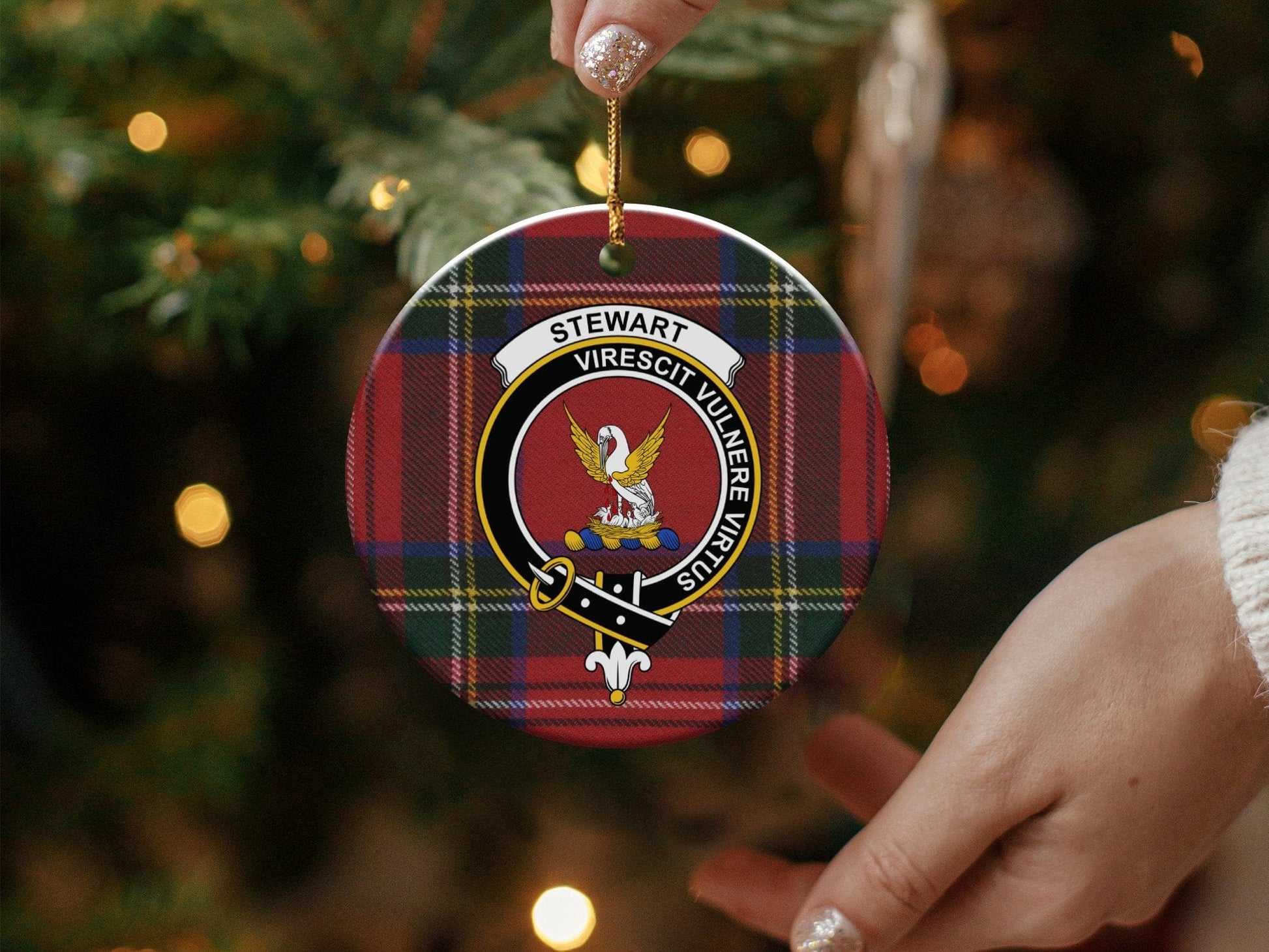 Physical Item 3" / White Stewart Crest Christmas Ornament on Tartan Background Ornaments