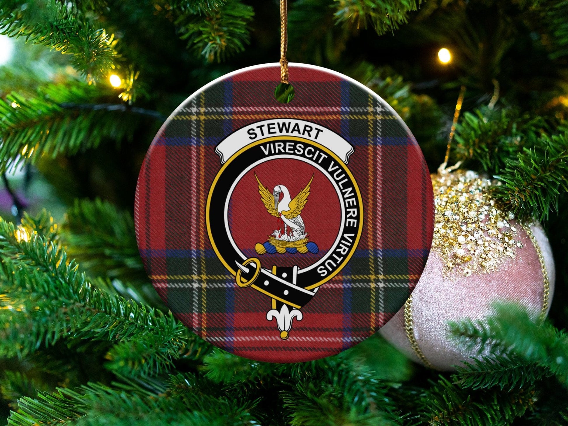 Physical Item 3" / White Stewart Crest Christmas Ornament on Tartan Background Ornaments