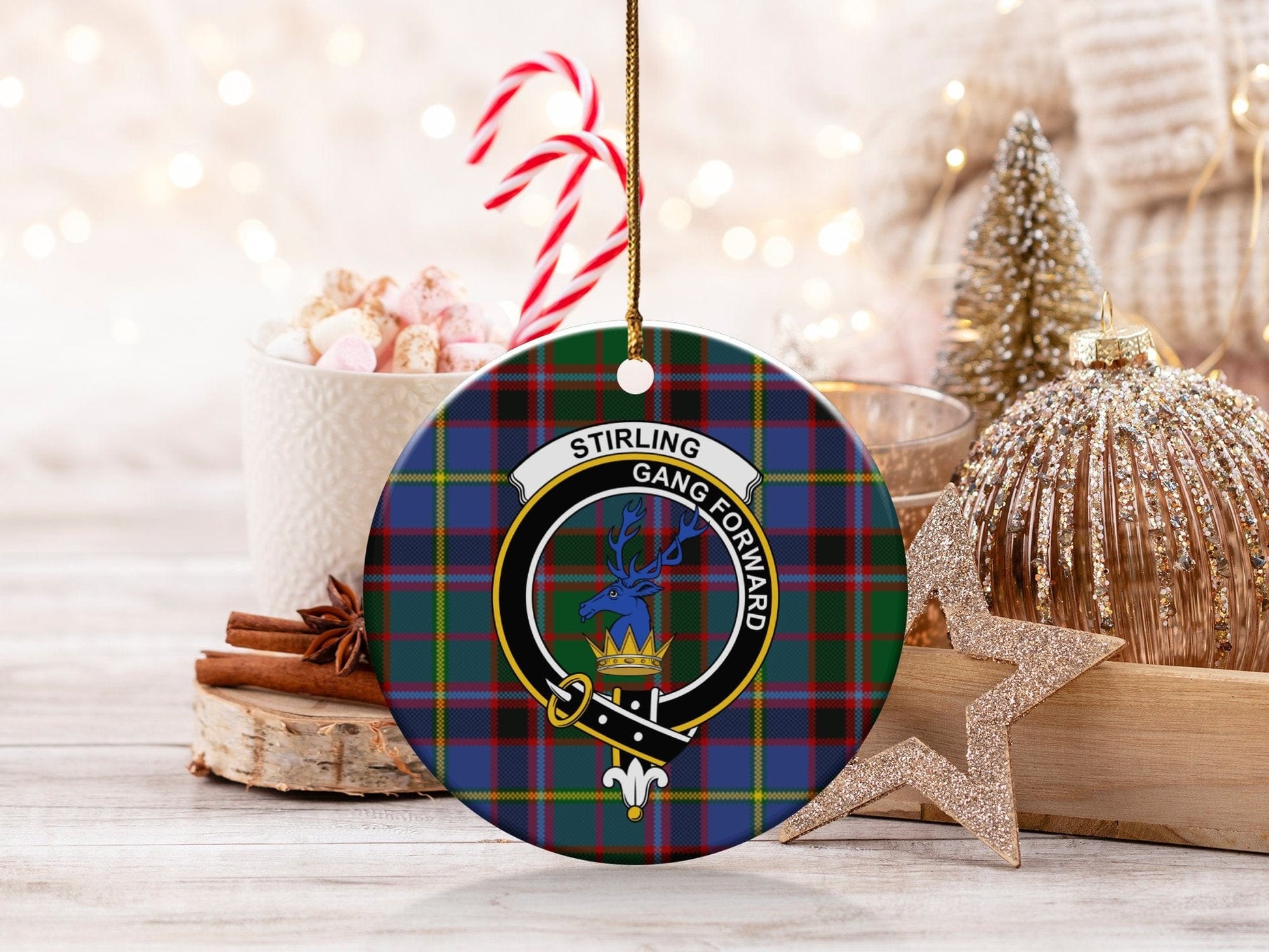 Physical Item 3" / White Stirling Clan Crest Christmas Ornaments on Tartan Background