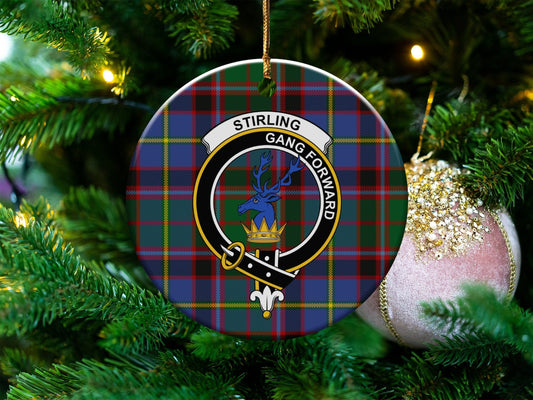 Physical Item 3" / White Stirling Clan Crest Christmas Ornaments on Tartan Background