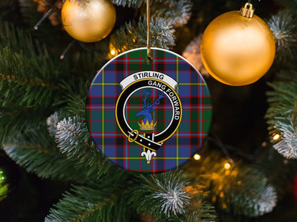 Physical Item 3" / White Stirling Clan Crest Christmas Ornaments on Tartan Background