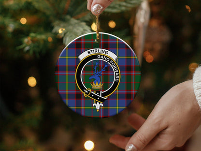 Physical Item 3" / White Stirling Clan Crest Christmas Ornaments on Tartan Background