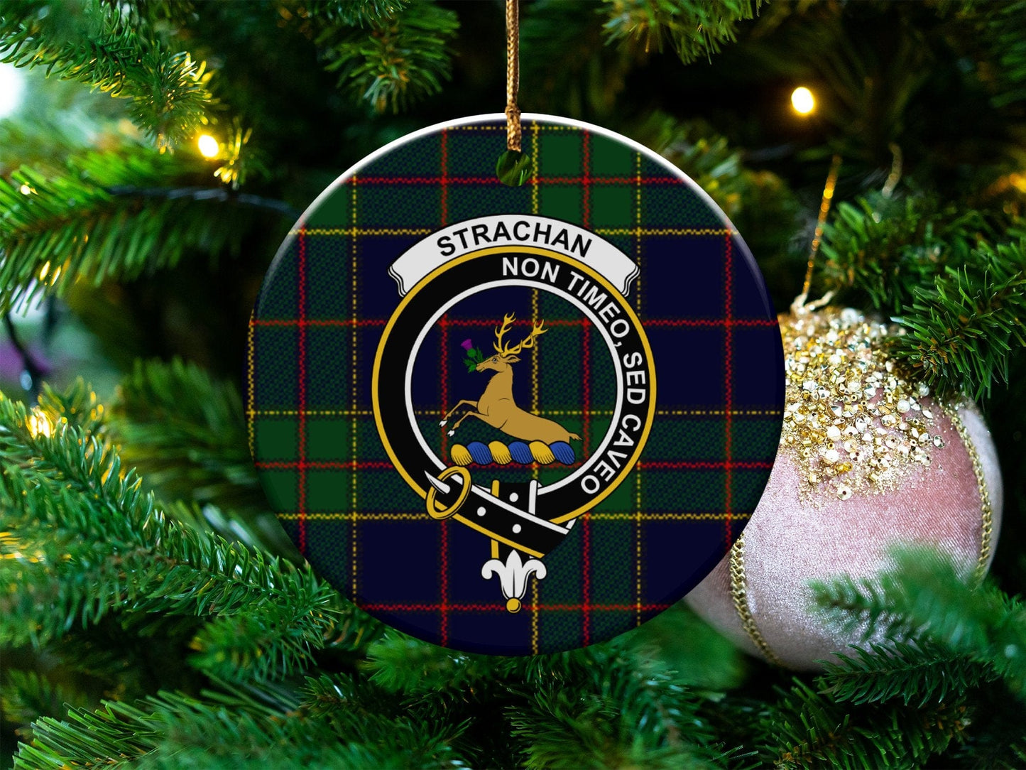 Physical Item 3" / White Strachan Scottish Clan Crest Christmas Ceramic Ornaments