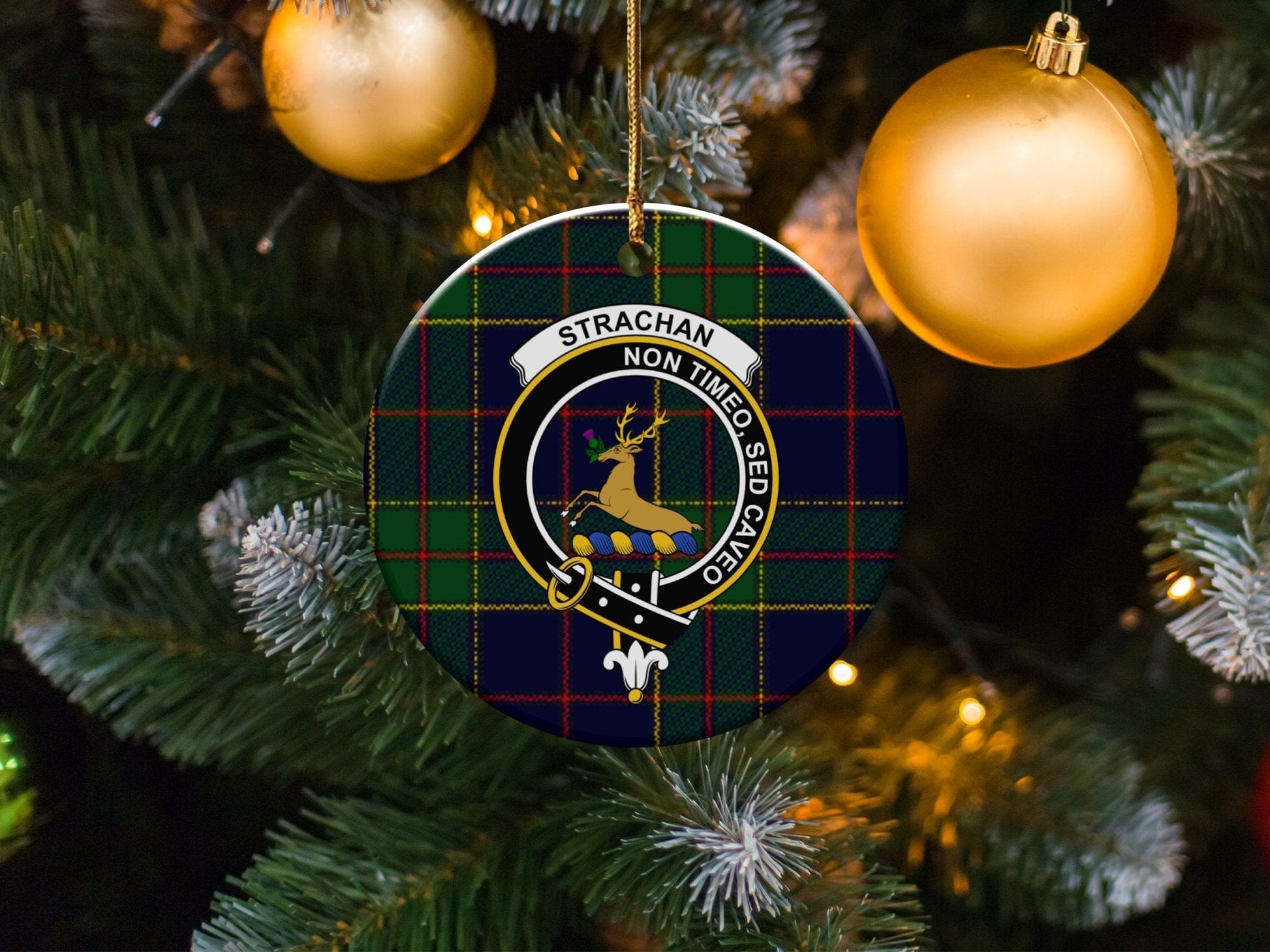 Physical Item 3" / White Strachan Scottish Clan Crest Christmas Ceramic Ornaments