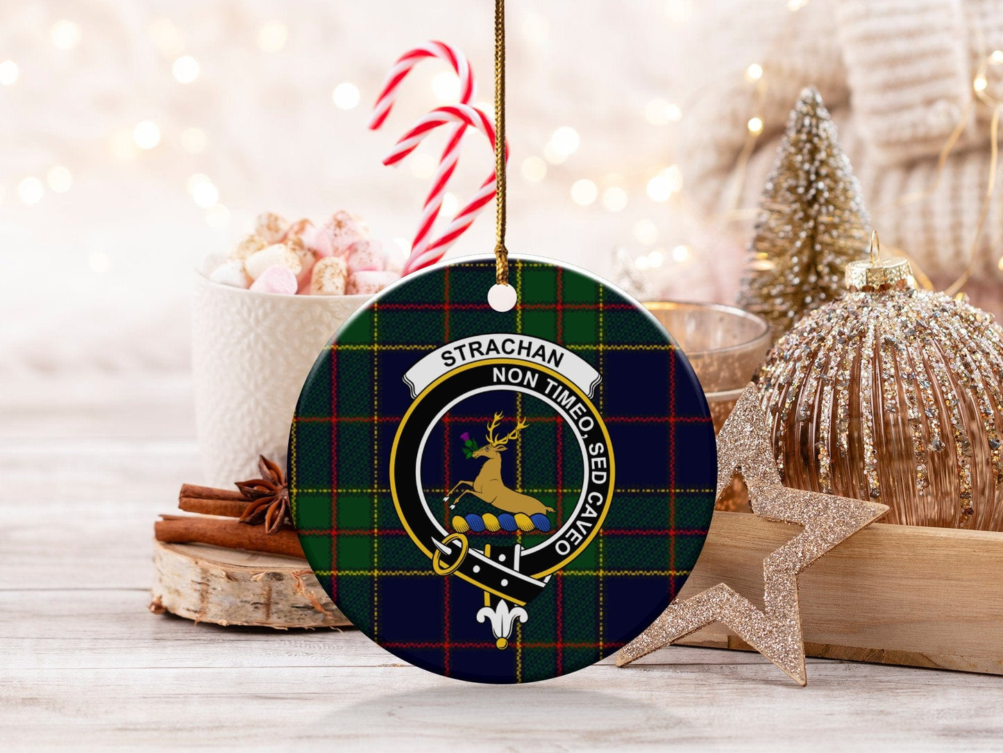 Physical Item 3" / White Strachan Scottish Clan Crest Christmas Ceramic Ornaments