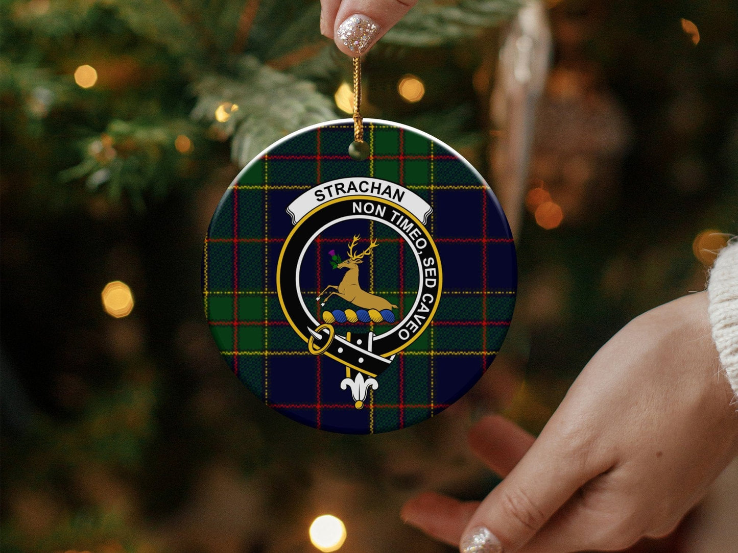 Physical Item 3" / White Strachan Scottish Clan Crest Christmas Ceramic Ornaments