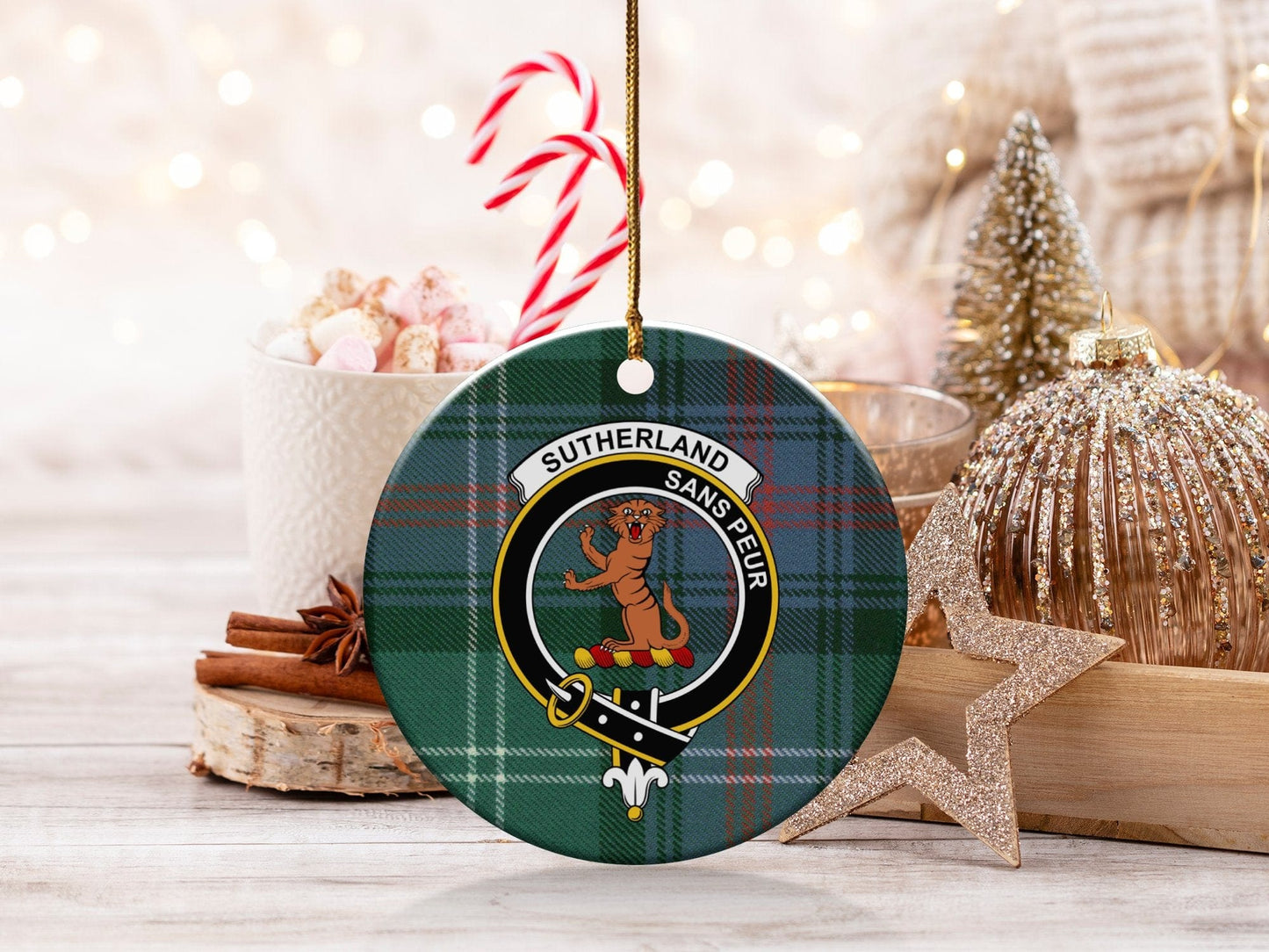 Physical Item 3" / White Sutherland Clan Crest Christmas Ceramic Ornaments