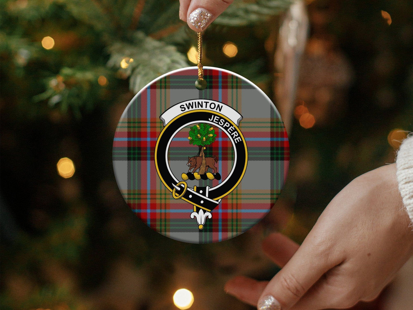 Physical Item 3" / White Swinton Clan Crest Christmas Tartan Background Ornaments