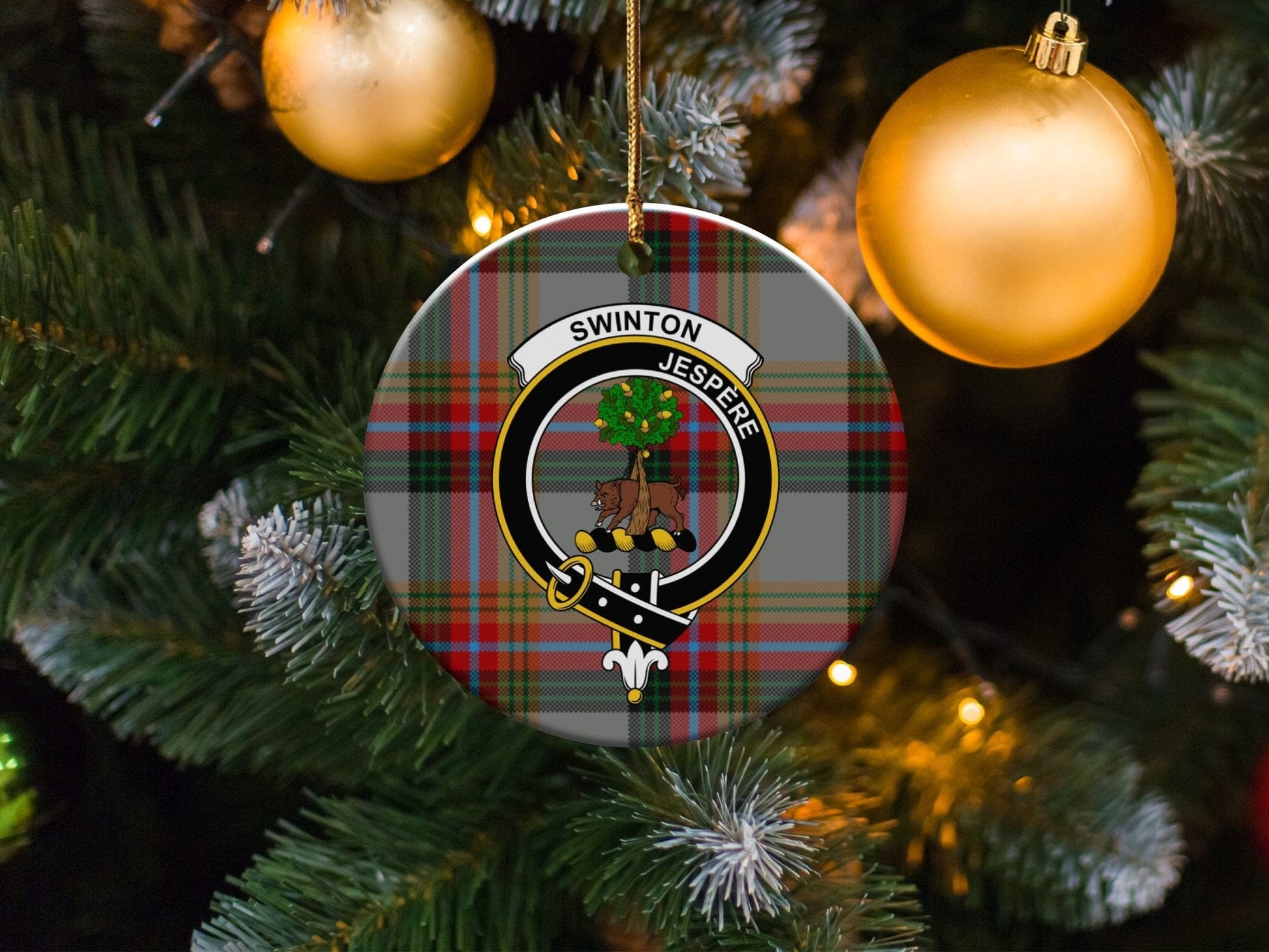 Physical Item 3" / White Swinton Clan Crest Christmas Tartan Background Ornaments