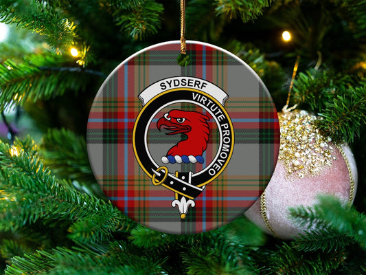 Physical Item 3" / White Sydserf Crest Christmas Tartan Clan Lineage Ornaments