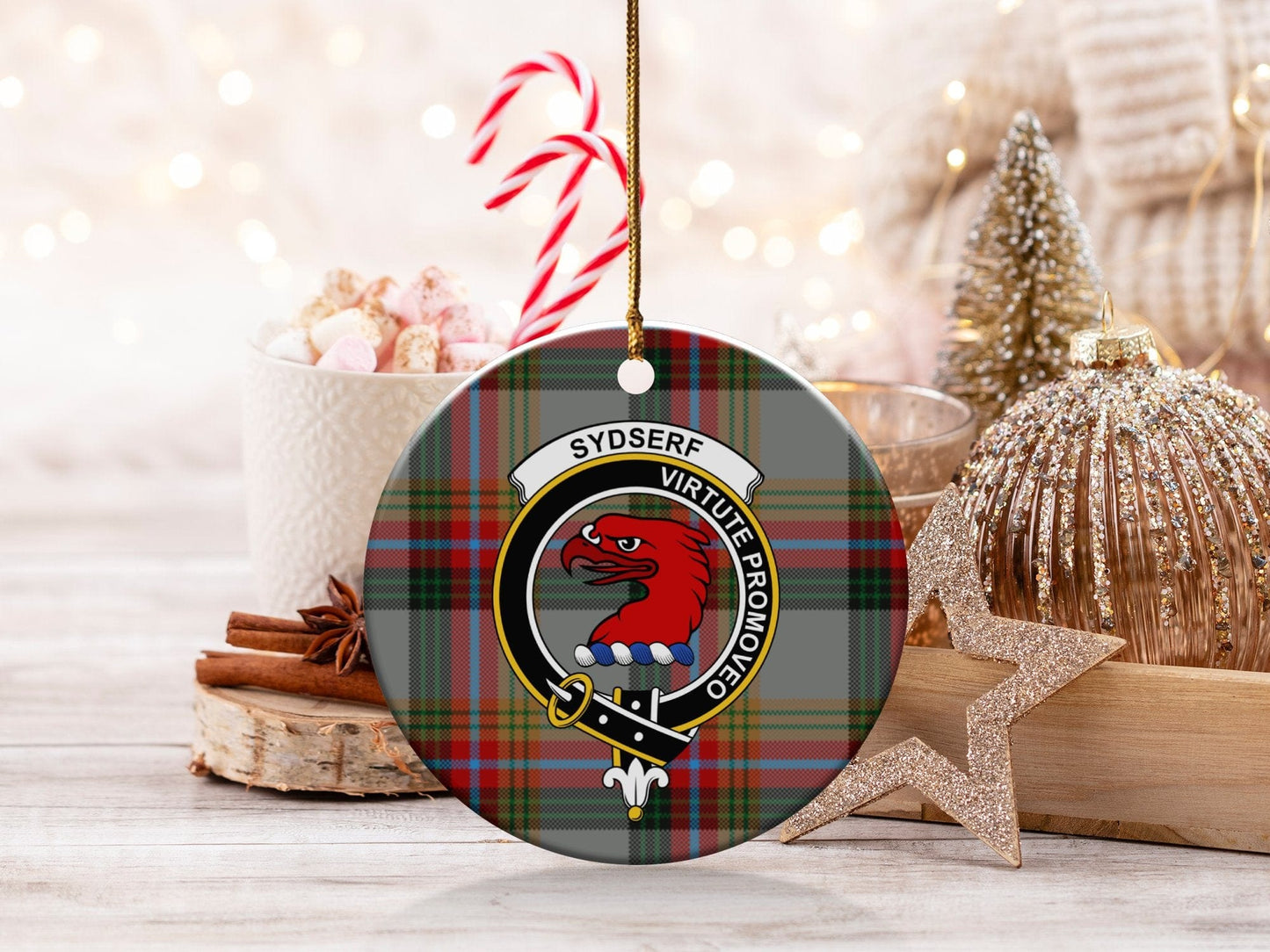 Physical Item 3" / White Sydserf Crest Christmas Tartan Clan Lineage Ornaments