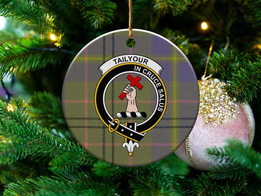 Physical Item 3" / White Tailyour Clan Crest Ceramic Christmas Tartan Ornaments