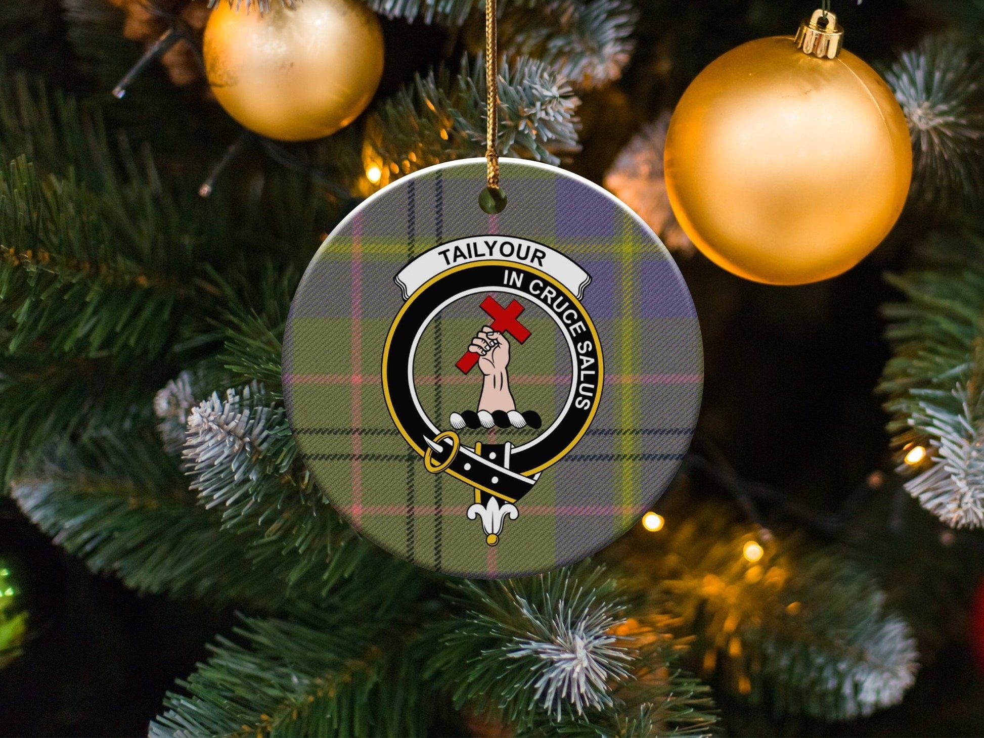 Physical Item 3" / White Tailyour Clan Crest Ceramic Christmas Tartan Ornaments