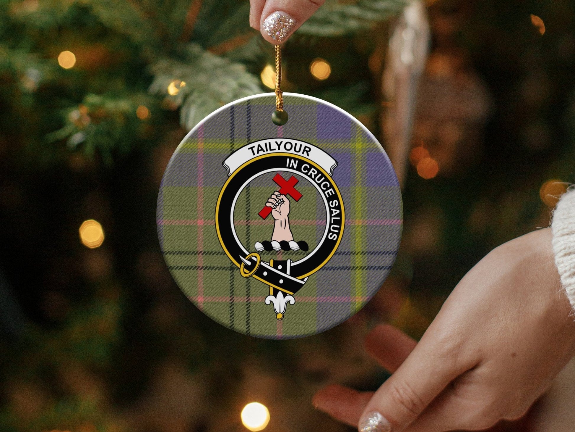 Physical Item 3" / White Tailyour Clan Crest Ceramic Christmas Tartan Ornaments