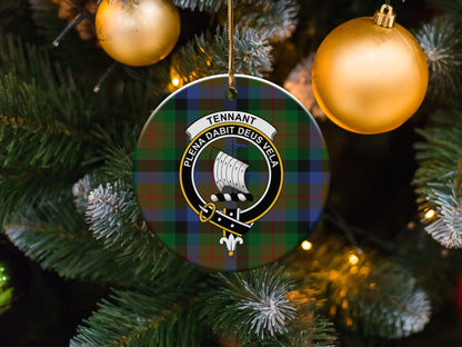 Physical Item 3" / White Tennant Clan Crest Christmas Ceramic Tartan Ornaments