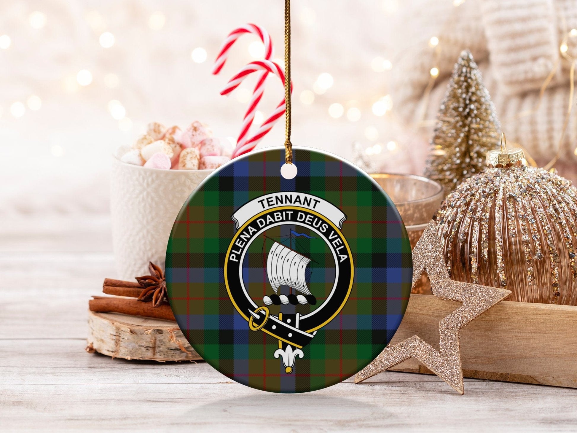 Physical Item 3" / White Tennant Clan Crest Christmas Ceramic Tartan Ornaments