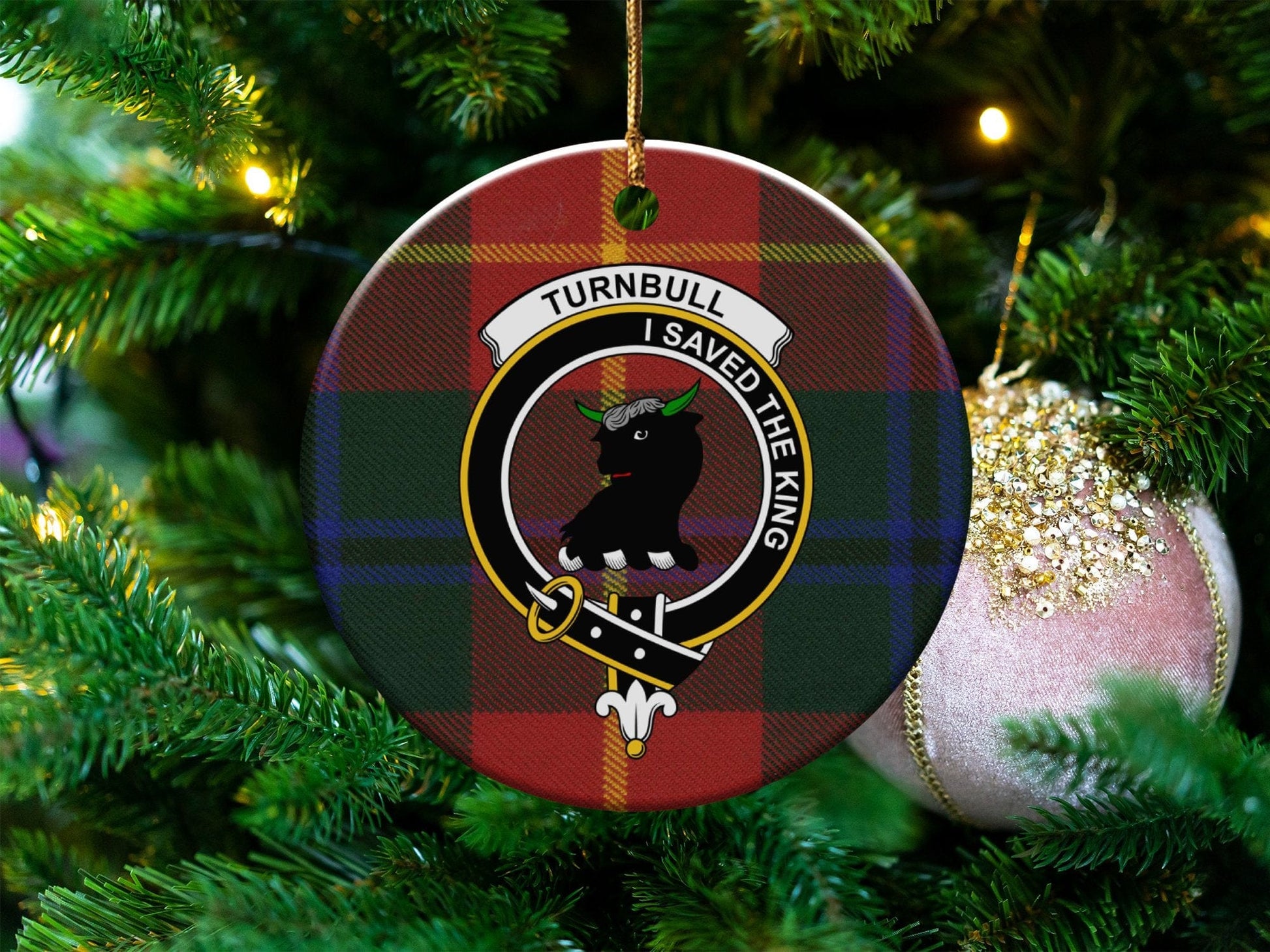 Physical Item 3" / White Turnbull Clan Crest Christmas Ornament on Tartan Background