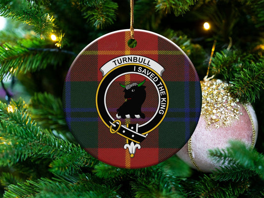 Physical Item 3" / White Turnbull Clan Crest Christmas Ornament on Tartan Background