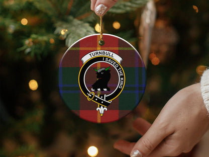 Physical Item 3" / White Turnbull Clan Crest Christmas Ornament on Tartan Background