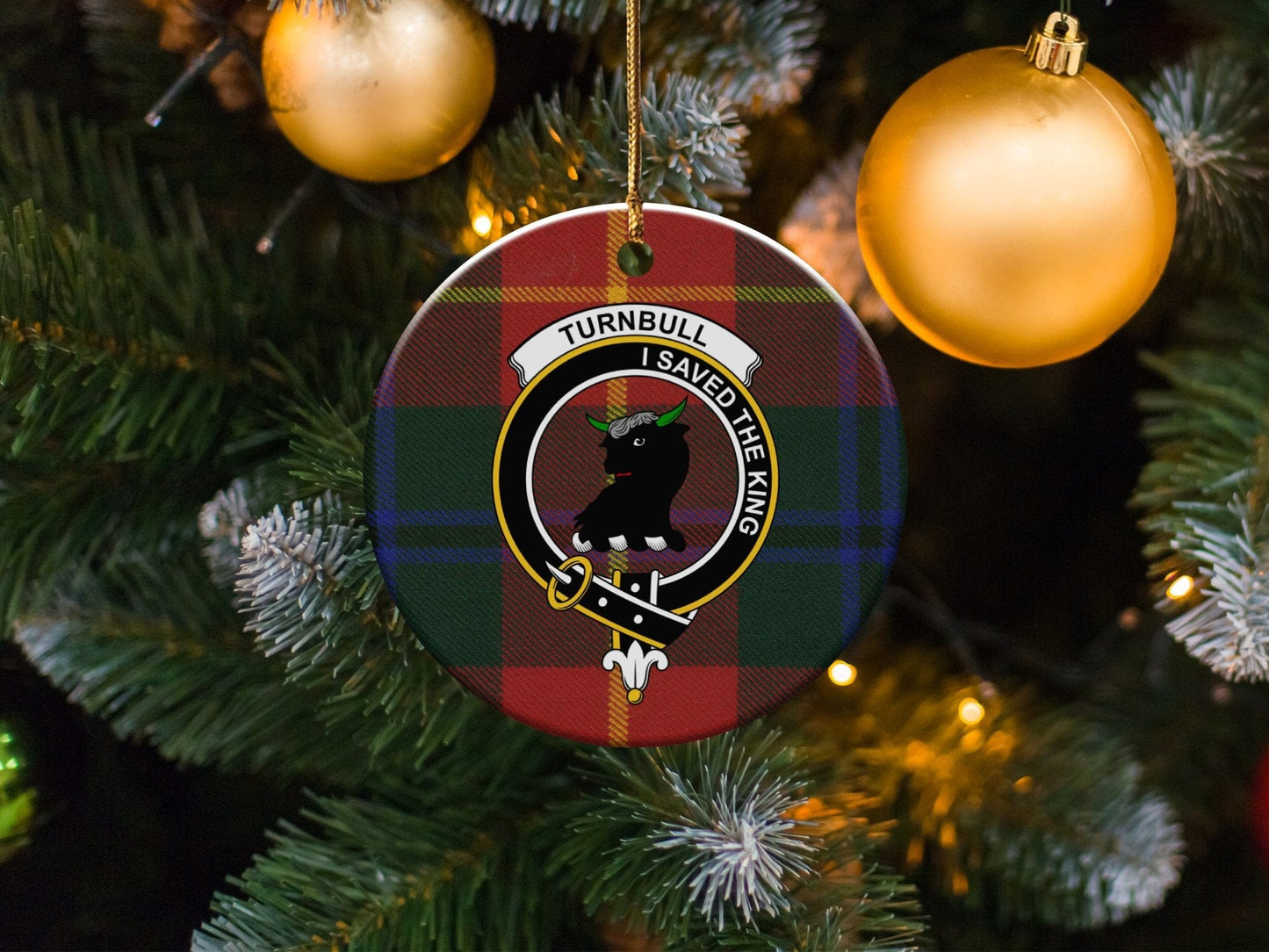 Physical Item 3" / White Turnbull Clan Crest Christmas Ornament on Tartan Background