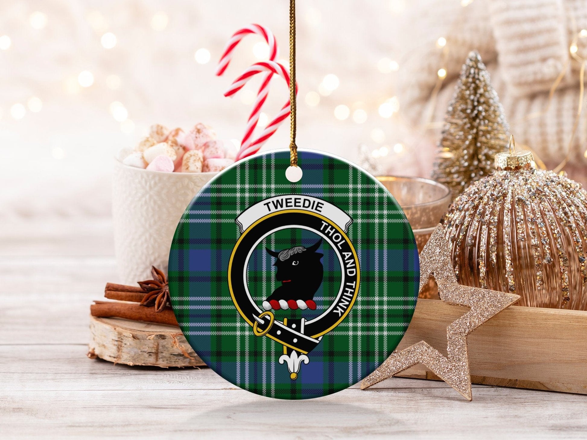 Physical Item 3" / White Tweedie Scottish Clan Crest Tartan Background Ornaments