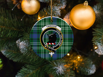 Physical Item 3" / White Tweedie Scottish Clan Crest Tartan Background Ornaments