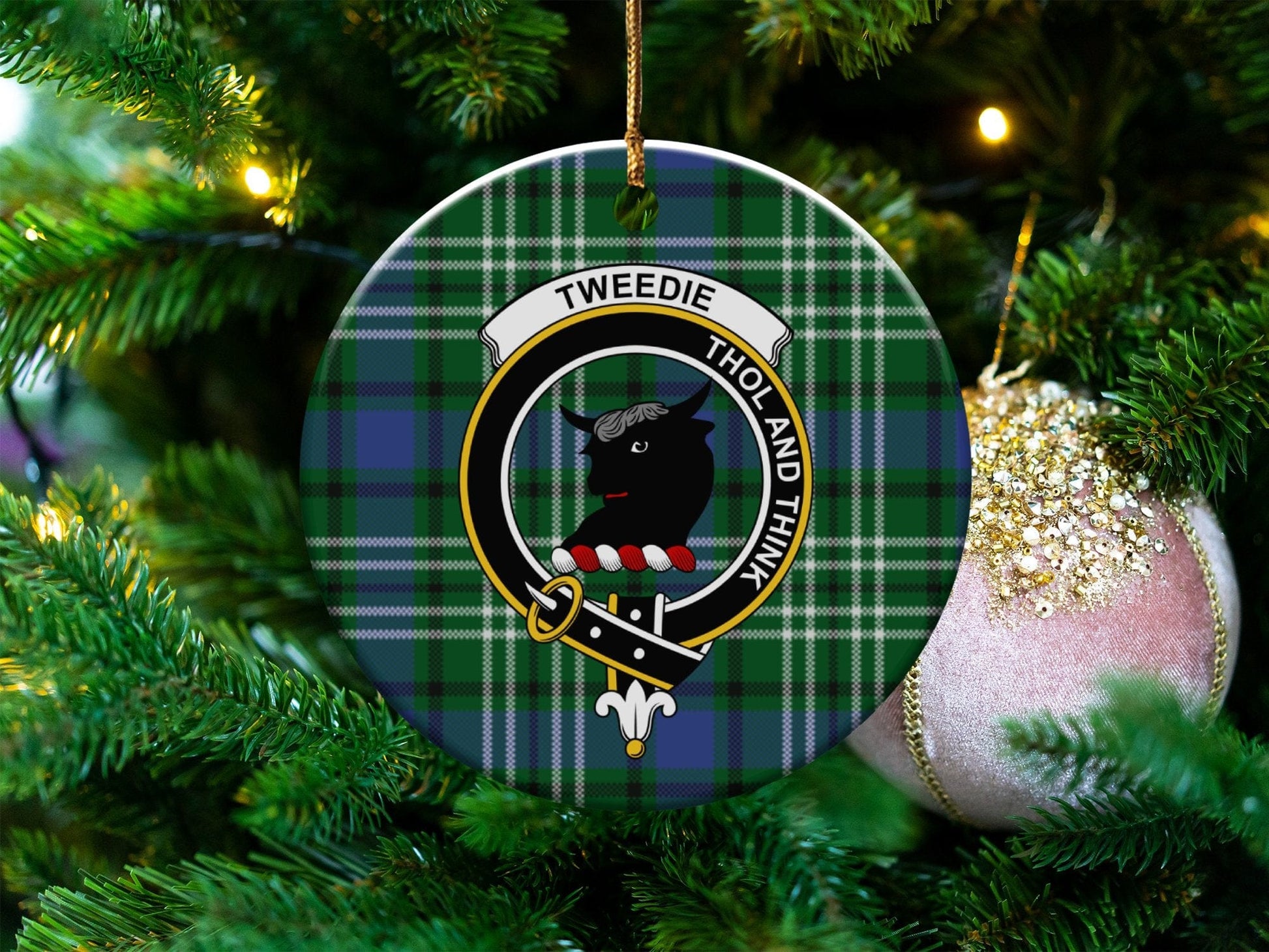 Physical Item 3" / White Tweedie Scottish Clan Crest Tartan Background Ornaments