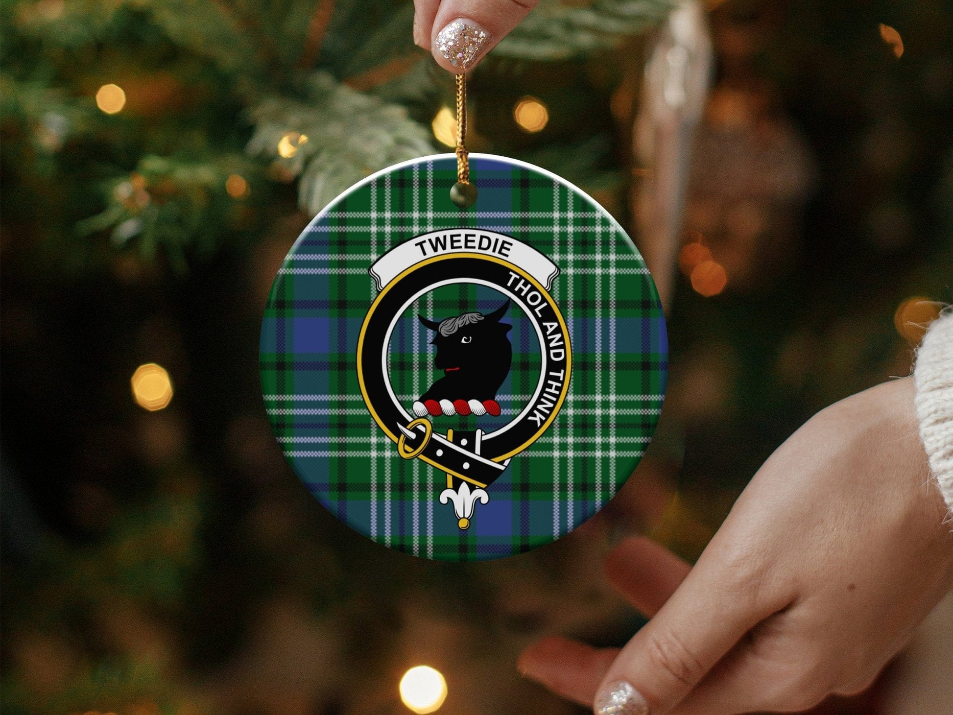 Physical Item 3" / White Tweedie Scottish Clan Crest Tartan Background Ornaments