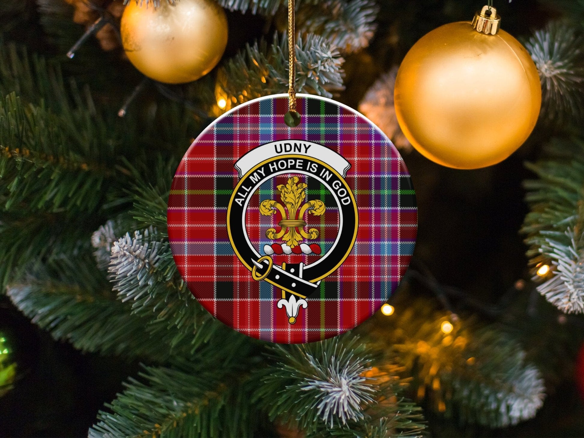 Physical Item 3" / White UDNY Clan Crest Christmas Ornament on Tartan Background Ornaments