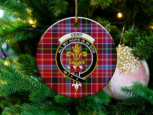 Physical Item 3" / White UDNY Clan Crest Christmas Ornament on Tartan Background Ornaments