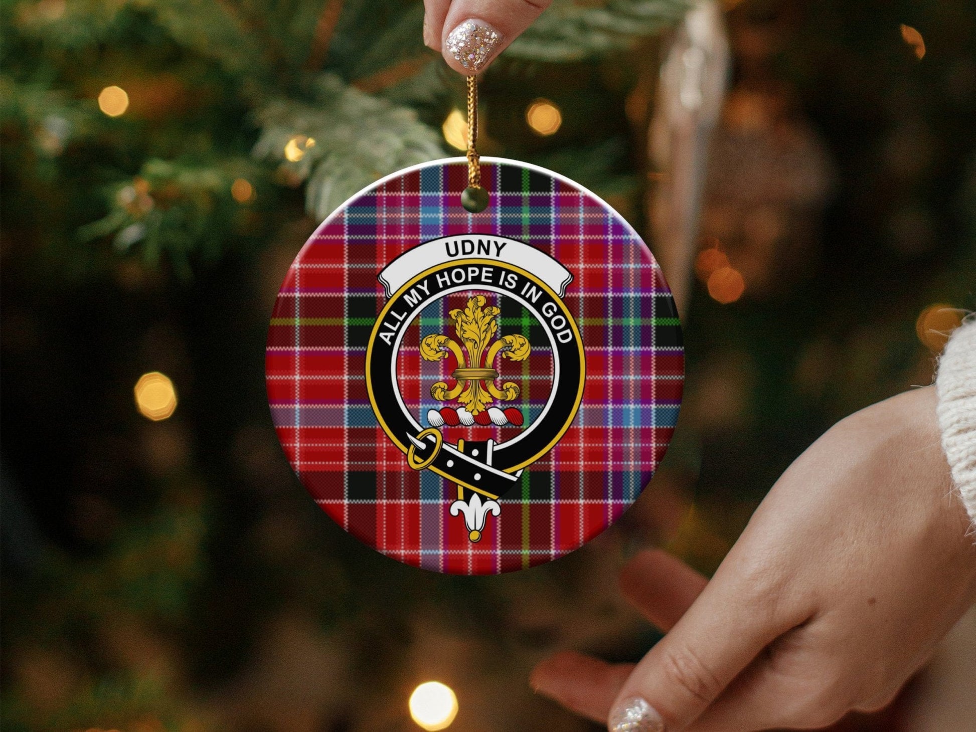 Physical Item 3" / White UDNY Clan Crest Christmas Ornament on Tartan Background Ornaments