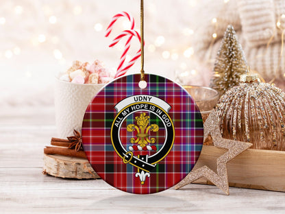 Physical Item 3" / White UDNY Clan Crest Christmas Ornament on Tartan Background Ornaments