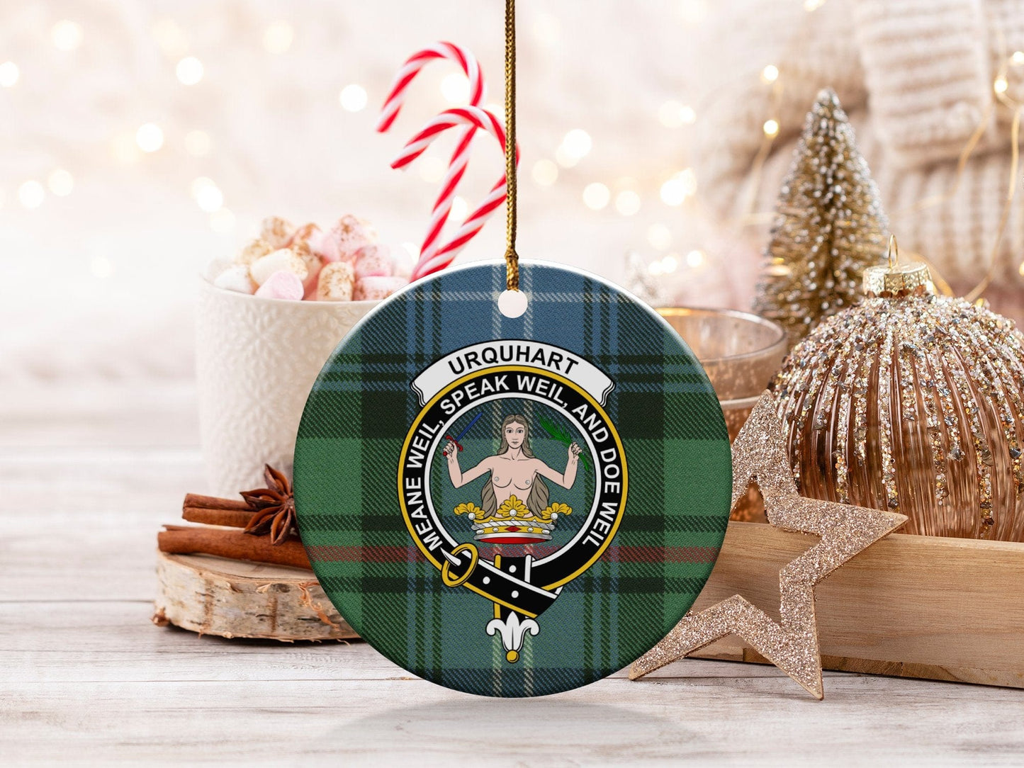 Physical Item 3" / White Urquhart Crest Christmas Ornament on Tartan Background Ornaments