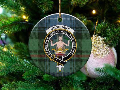 Physical Item 3" / White Urquhart Crest Christmas Ornament on Tartan Background Ornaments