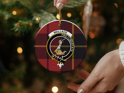 Physical Item 3" / White Wallace Clan Crest Christmas Ceramic Tartan Ornaments