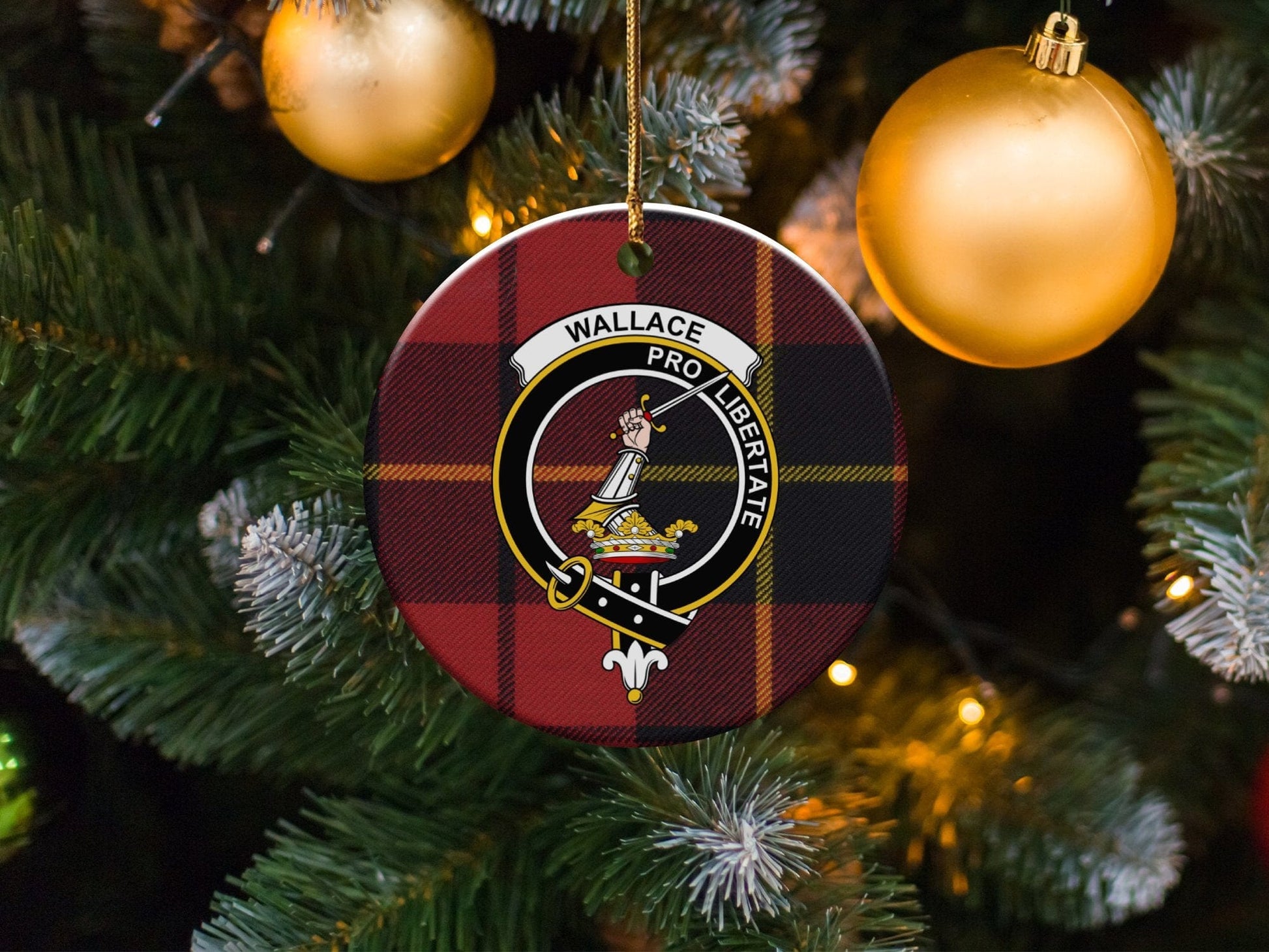 Physical Item 3" / White Wallace Clan Crest Christmas Ceramic Tartan Ornaments