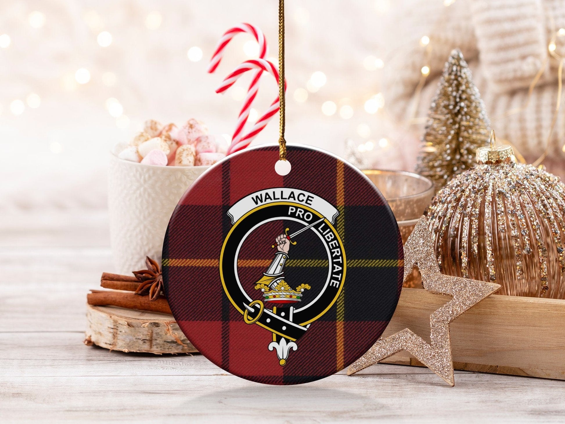 Physical Item 3" / White Wallace Clan Crest Christmas Ceramic Tartan Ornaments