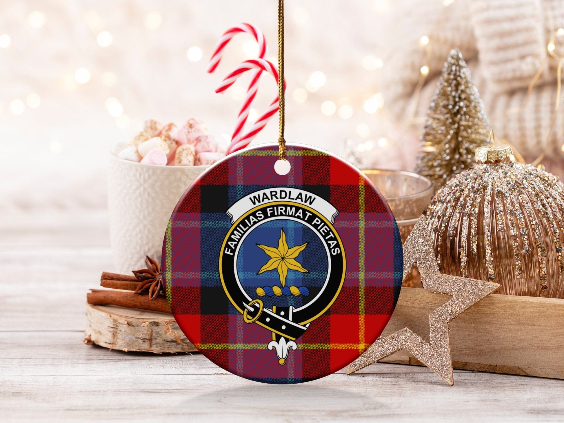 Physical Item 3" / White Wardlaw Clan Crest Christmas Tartan Plaid Ornaments