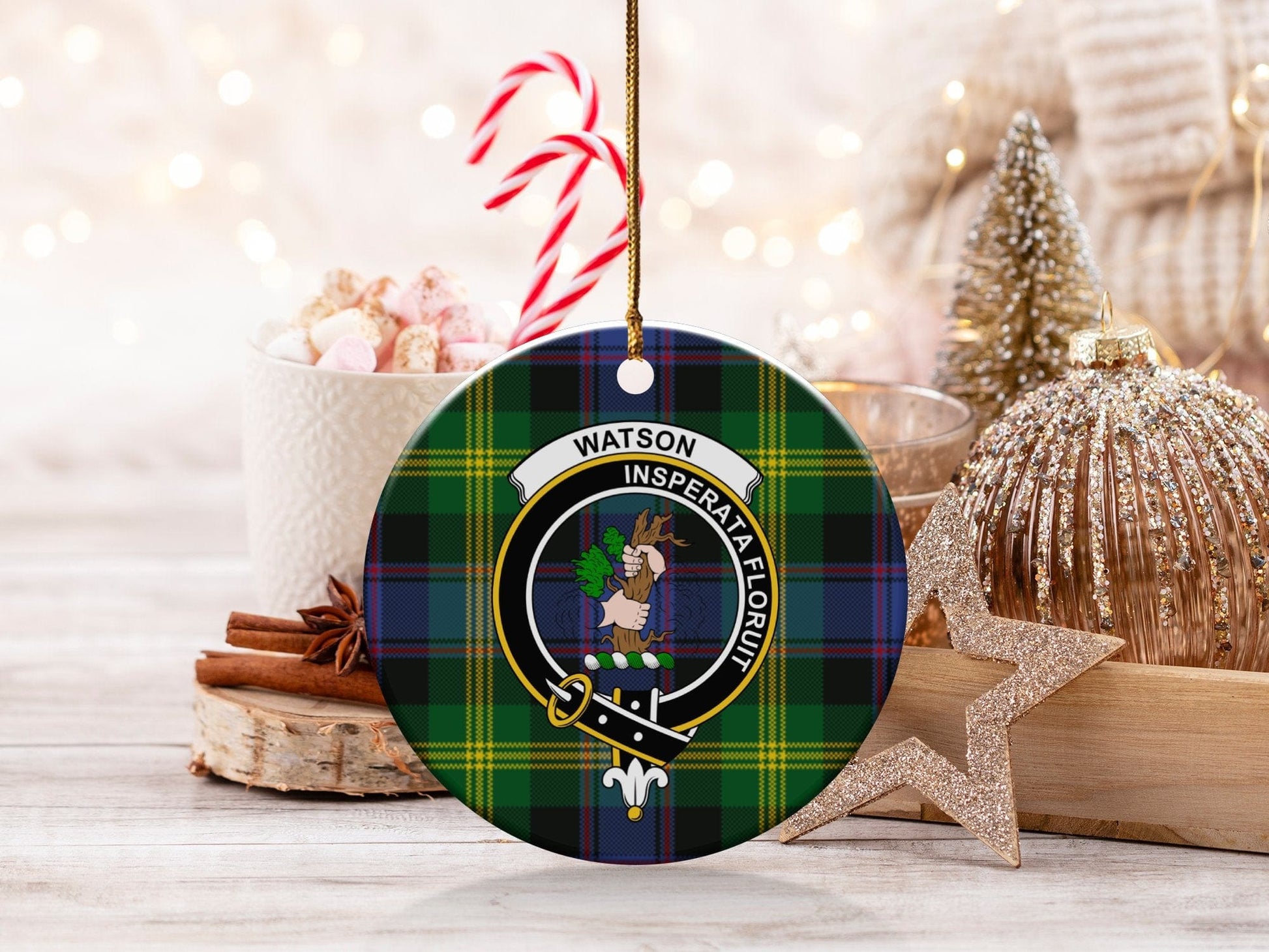 Physical Item 3" / White Watson Scottish Clan Crest Christmas Ceramic Ornaments